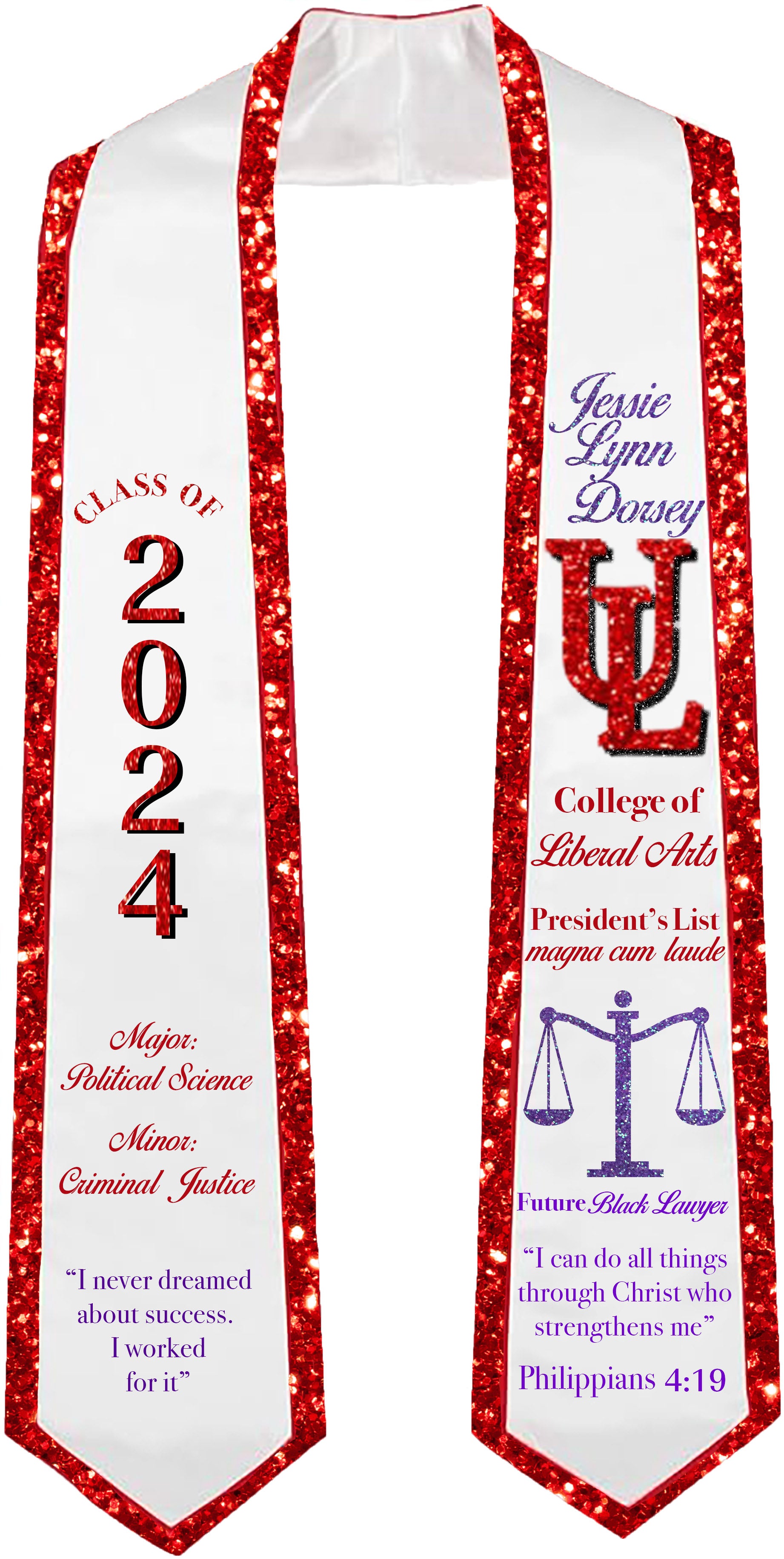 Custom Graduation Stole made with Mixture Regular Heat Transfer Vinyl and Glitter Vinyl Trimmed in Glitter Vinyl. 